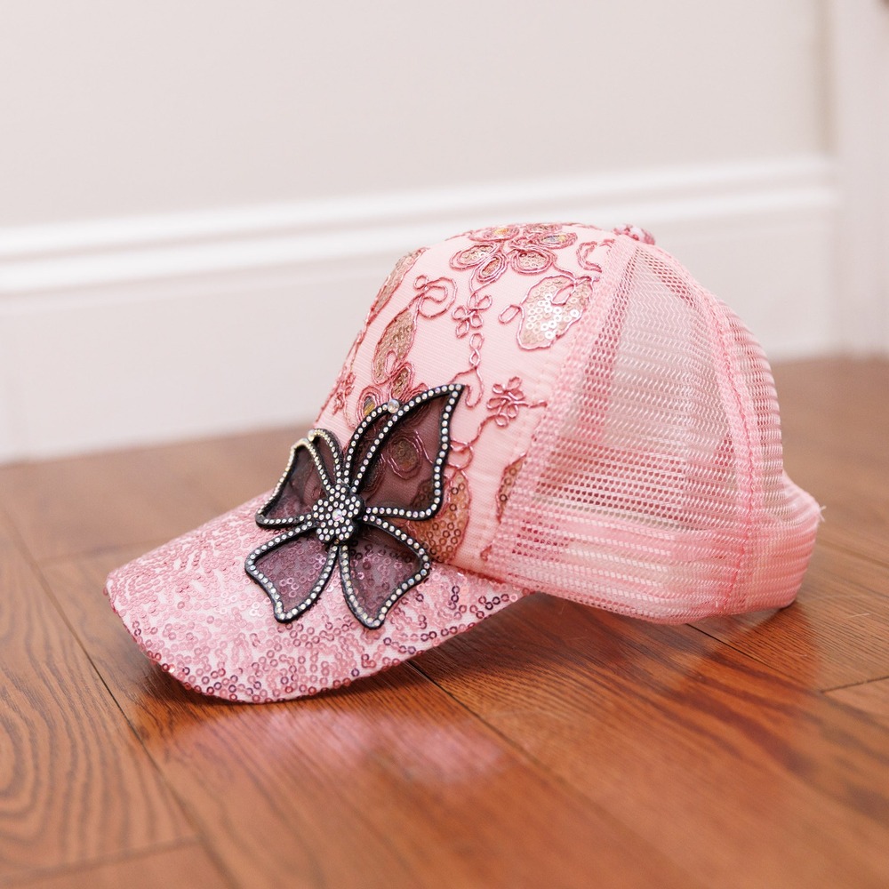 Pink Sequin Butterfly Trucker Hat Rhinestone Floral Embroidered Mesh Snapback - Picture 2 of 4